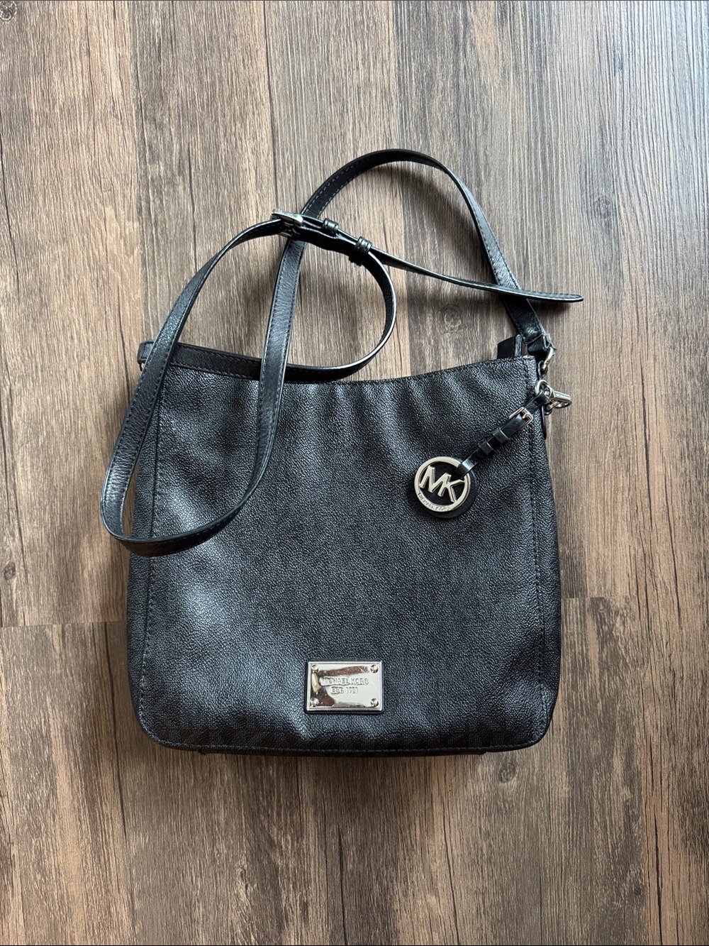 Michael Kors Black Leather Shoulder Bag with MK Charm